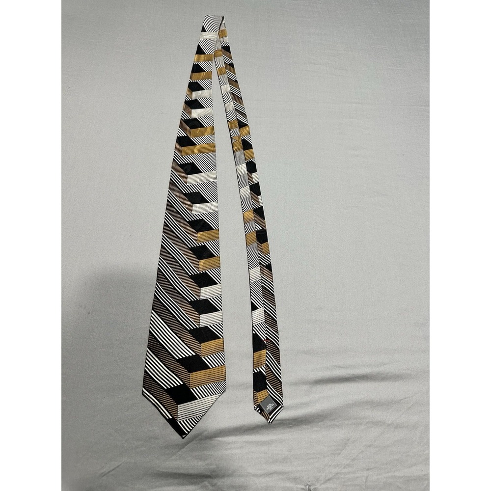 VTG Conte Di Milano Art Deco Optical‎ Illusion Black/White/Gold Necktie